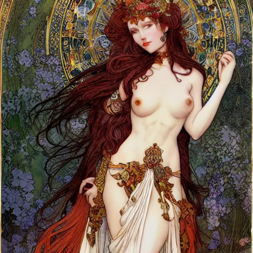 Image similar to beautiful ishtar goddess in long flowy dress, porcelain skin by rebecca guay and mucha, artstation, hq, hires, hd