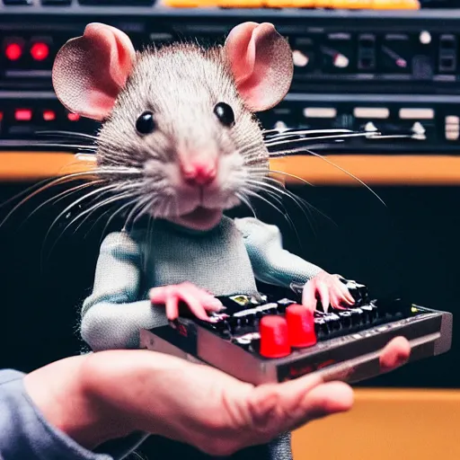 Image similar to a rat cyborg playing with a tb-303 synthesizer