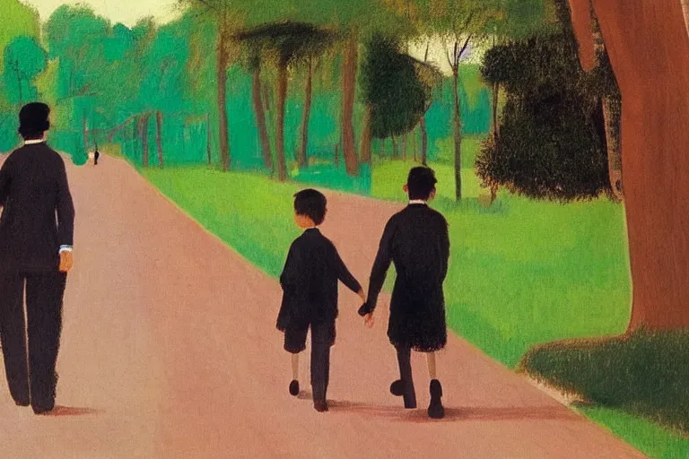 Image similar to a tall man with dark hair holding the hands of a small boy with dark hair as they walk down a suburban highway on a bright beautiful colorful day. part in the style of an edgar degas painting. part in the style of david hockney