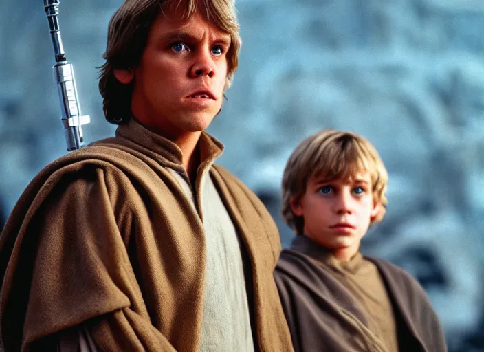Image similar to stunning detailed portrait of luke skywalker at the new jedi temple. return of the jedi. 1988, Photographed with Leica Summilux-M 24 mm lens, ISO 100, f/8, Portra 400
