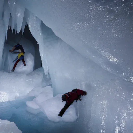 Prompt: photo realistic explorers climbing through massive ice cave