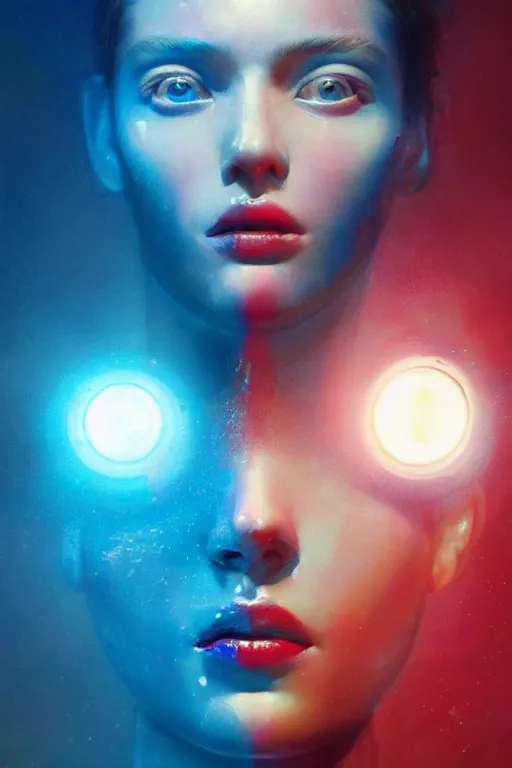 Image similar to 3 d, sci - fi, sun rays, sleepy fashion model face, blue faces, cinematic, vogue cover style, poster art, light red and deep blue mood, realistic painting, intricate oil painting, high detail, figurative art, multiple exposure, poster art, 3 d, by tooth wu and wlop and beeple and greg rutkowski