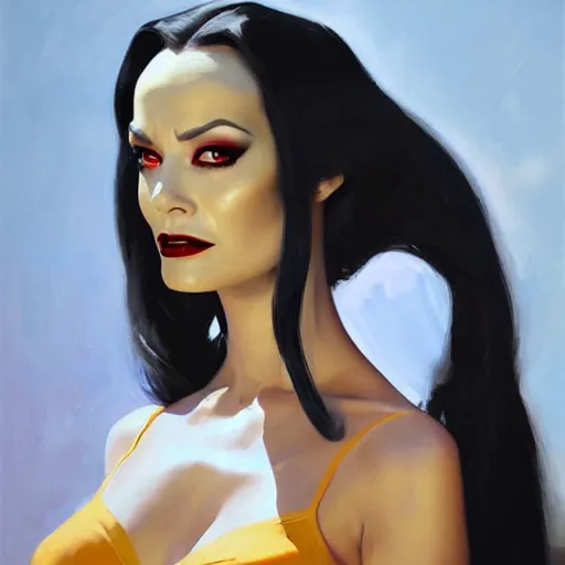 Image similar to greg manchess portrait painting of partially armored morticia from addams family as overwatch character, medium shot, asymmetrical, profile picture, organic painting, sunny day, matte painting, bold shapes, hard edges, street art, trending on artstation, by huang guangjian and gil elvgren and greg rutkowski