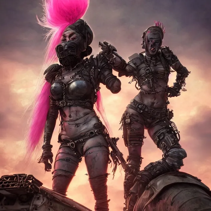 Image similar to beautiful apocalyptic woman with pink Mohawk, standing on mad max panzer tank, 4k ultra hd, fantasy dark art, tank girl, artgerm, artstation, octane render, elegant, detailed digital painting