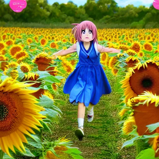 Image similar to Anime young girl in the style of Kyoto Animation running through a field of sunflowers