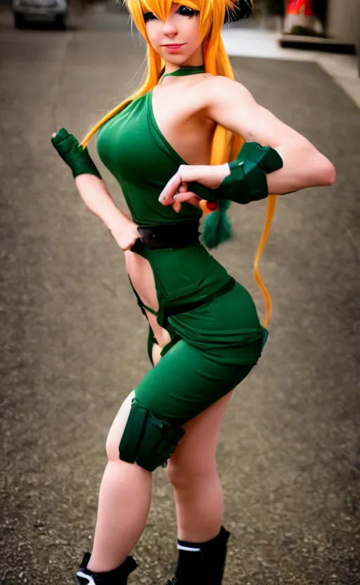 Image similar to cosplaying as cammy from street fighter, professional photo, trending on deviantart