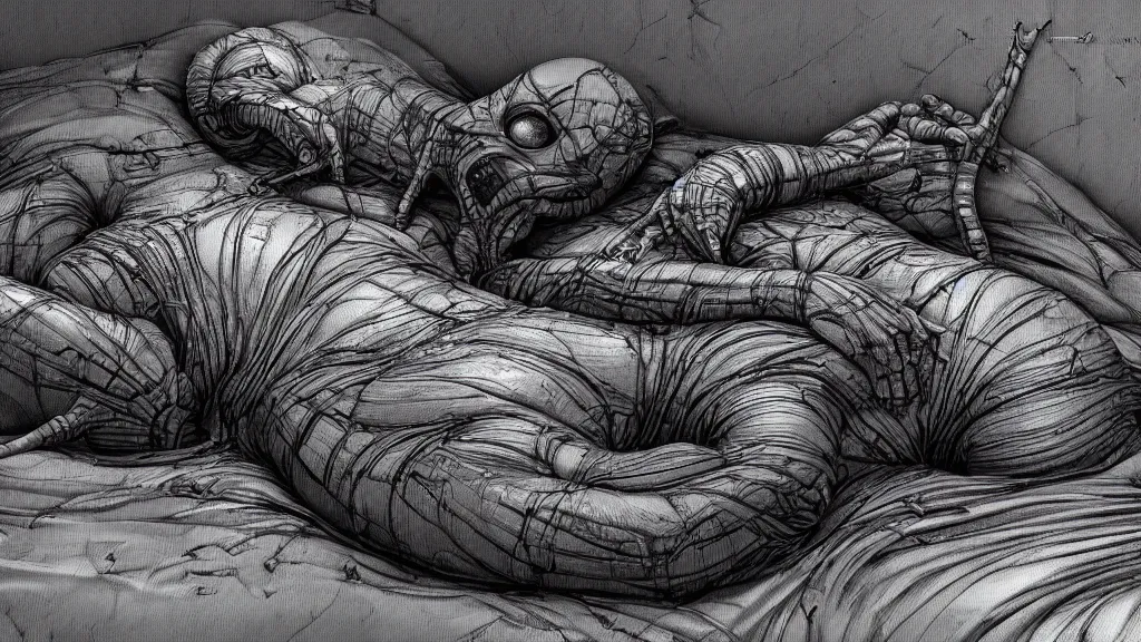 Image similar to comfortable bed that makes me want to sleep, hyperdetailed, artstation, cgsociety, style of Giger, H. R. GIGER, style of Junji Ito, 4K, highly detailed, minimalistic, minimalistic, minimalistic, fine tuned, machina