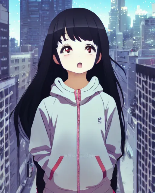 Image similar to anime visual, portrait of a young black haired girl wearing hoodie sightseeing above the urban street in bright day guardrail, cute face by yoh yoshinari, katsura masakazu, dramatic lighting, dynamic pose, dynamic perspective, strong silhouette, ilya kuvshinov, anime cels, rounded eyes, moody