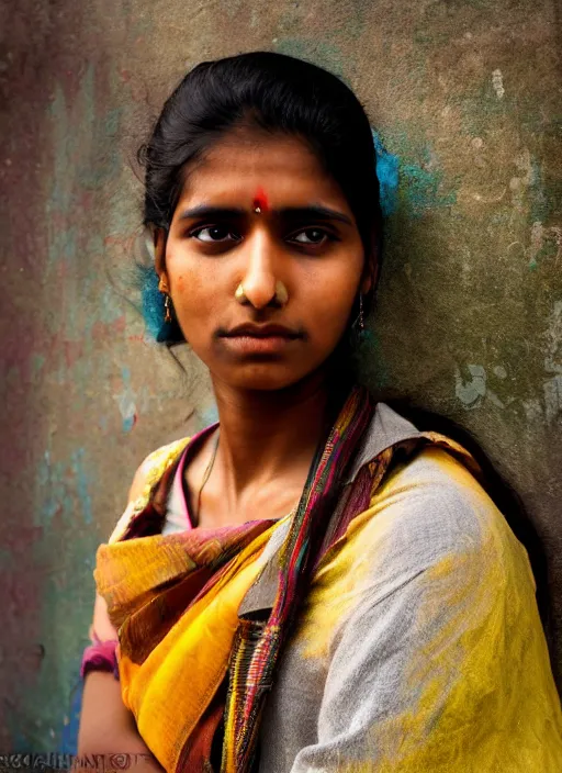 Image similar to color portrait Mid-shot of an beautiful 20-year-old Indian woman, street portrait in the style of Steve McCurry award winning