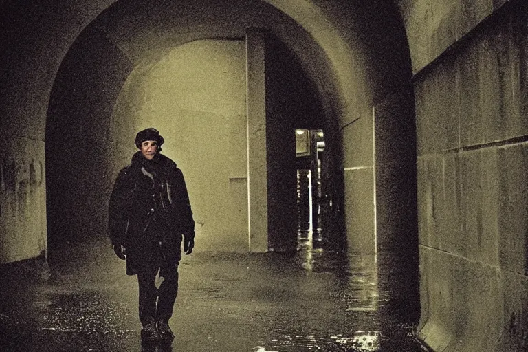 Image similar to a cinematic!! headshot photograph!! of a beautiful homeless war veteran, stood in a tunnel, rain, film still, cinematic, dramatic lighting, by bill henson