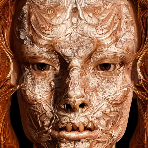 Image similar to beatifull face portrait of a woman, 150 mm, anatomical, flesh, flowers, mandelbrot fractal, facial muscles, veins, arteries, intricate, golden ratio, full frame, microscopic, elegant, highly detailed, ornate, ornament, sculpture, elegant , luxury, beautifully lit, ray trace, unreal, 3d, PBR, in the style of peter Gric , alex grey and Romero Ressendi