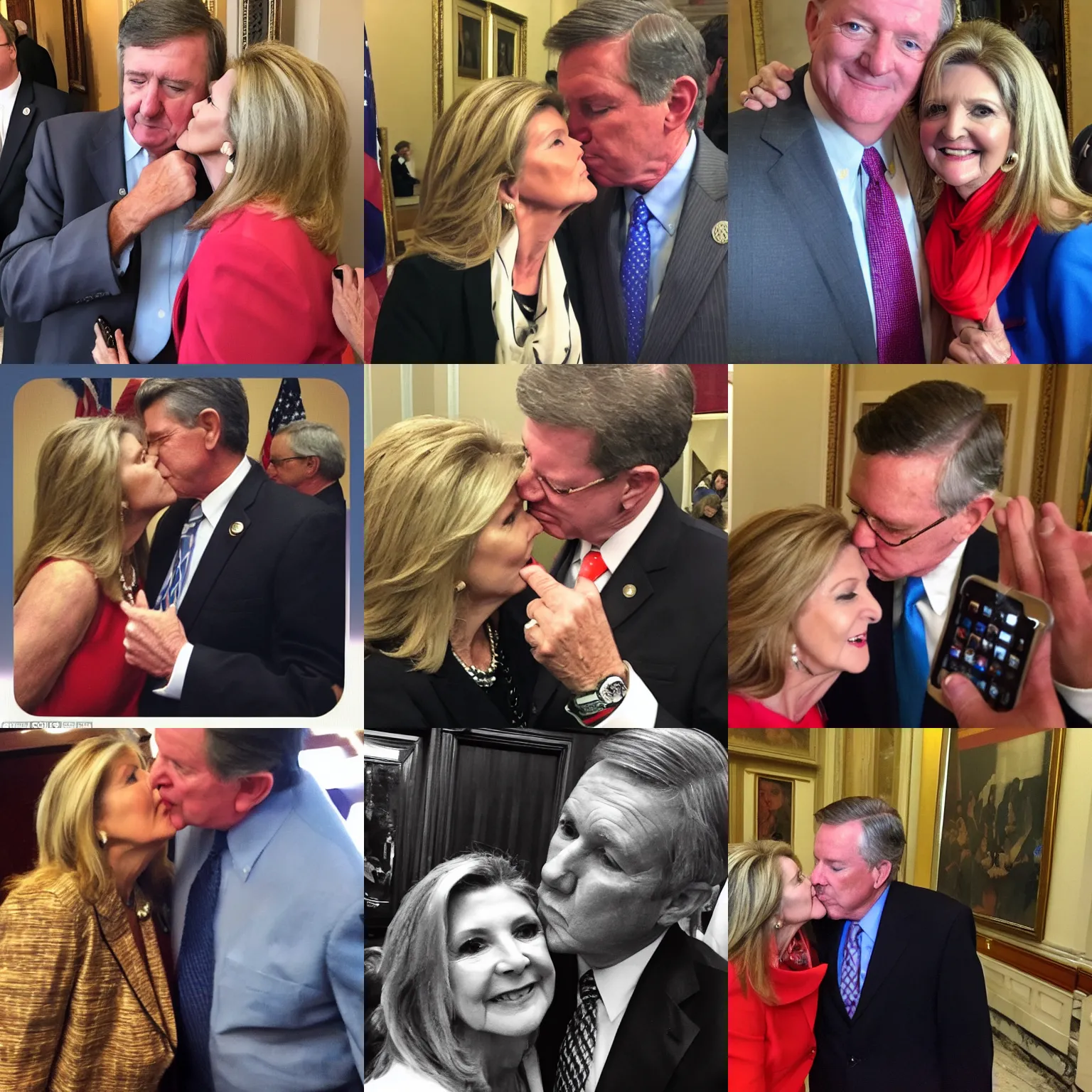 Prompt: senator bill hagerty kissing senator marsha blackburn at the capitol, photo take on an iphone 5