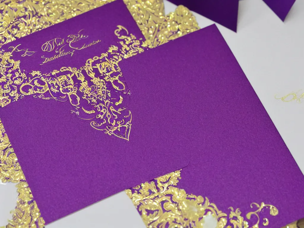 Prompt: Rich purple paper with delicate gold embossed borders, a card that is an invitation to a masquerade ball, intricate, beautiful, opulent