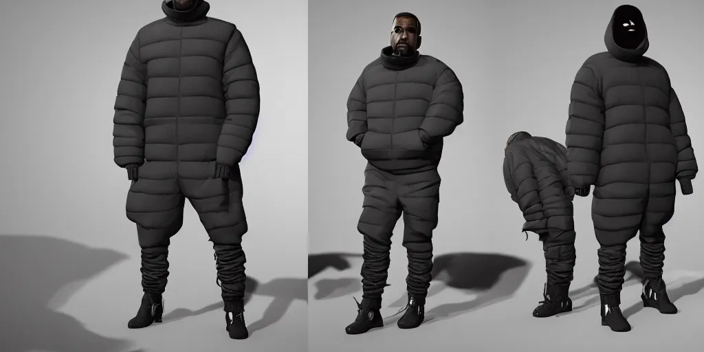 Image similar to kanye west wearing a full black face covering made from a cloth or fabric material, a small, tight and undersized reflective bright blue round puffer jacket made of nylon, reflective jeans pants made of nylon and big black balenciaga rubber boots in 3 d, blender, octane render, 3 d render, realistic, unreal engine, studio light, 4 k, 8 k