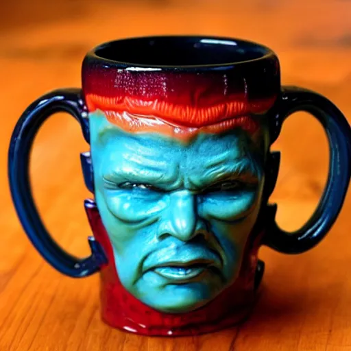 Image similar to a 3 d mug of an ugly mug on a mug, colorful, fantasy,