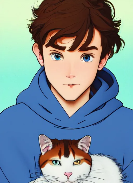 Image similar to teen boy with brown hair and big blue eyes, wearing a hoodie, fluffy white cat, natural lighting, path traced, highly detailed, high quality, cartoon, digital painting, by don bluth and ross tran and studio ghibli and alphonse mucha