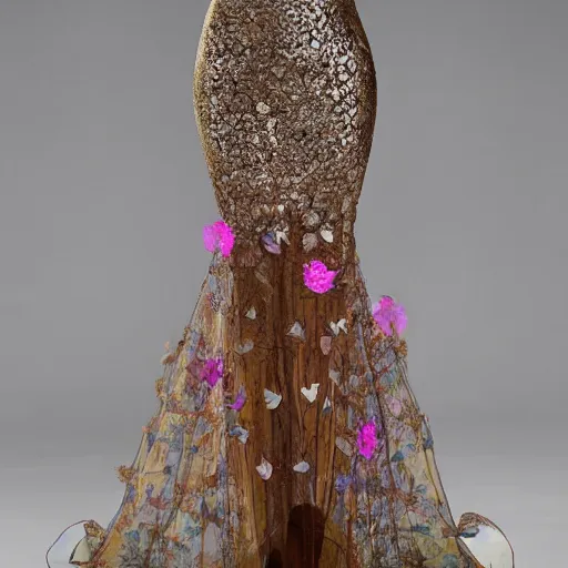 Image similar to exclusive evening dress made of bronze transparent fabric fantasy with colored flower petals made of fabric. intricate asymmetrical patterns. an elegant hat. hyperrealistic photos, clear details.