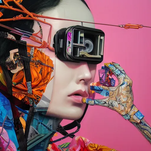 Image similar to Tristan Eaton & Greg Rutkowski, award winning masterpiece with incredible details, Zhang Kechun, a surreal vaporwave vaporwave vaporwave vaporwave vaporwave painting by Thomas Cole of an old pink mannequin head wearing VR goggles with cables and wires coming out of it's neck, highly detailed