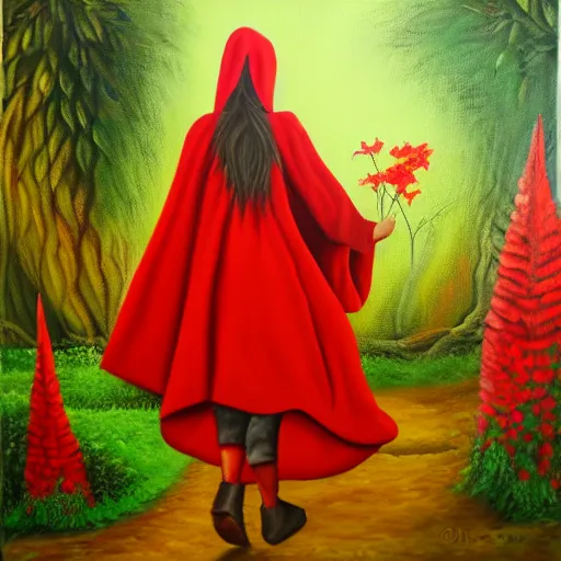 Image similar to oil painting of little red riding hood walking through a fantasy landscape filled with brugmansia suaveolens flowers