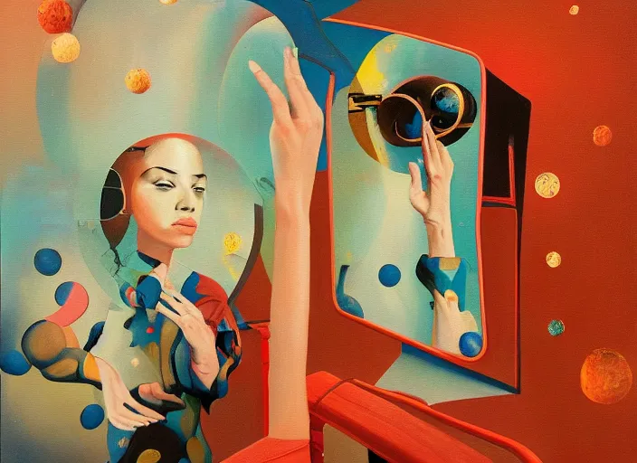Image similar to a painting of a person looking in a mirror, a surrealist painting by Taro Okamoto, behance contest winner, pop surrealism, surrealist, cosmic horror, biomorphic