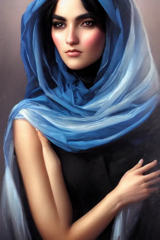 Image similar to modern tanned Ameera al-Taweel, bright blue eyes, wavy black hair, white veil, closeup, focus face, elegant, highly detailed, centered, oil painting, artstation, concept art by tom bagshaw