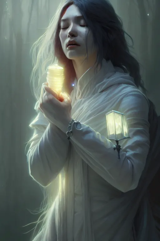 Prompt: crying ghost, tall, silver skin, illustration, cinematic lighting, 8 k, d & d, frostbite 3 engine, dof, artstation, tangled, digital art, twilight ray, art by tsuyoshi nagano, greg rutkowski, artgerm, alphonse mucha