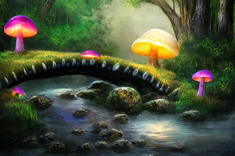 Image similar to giant glowing mushrooms next to a small bridge, flowing water, digital art, scenic,