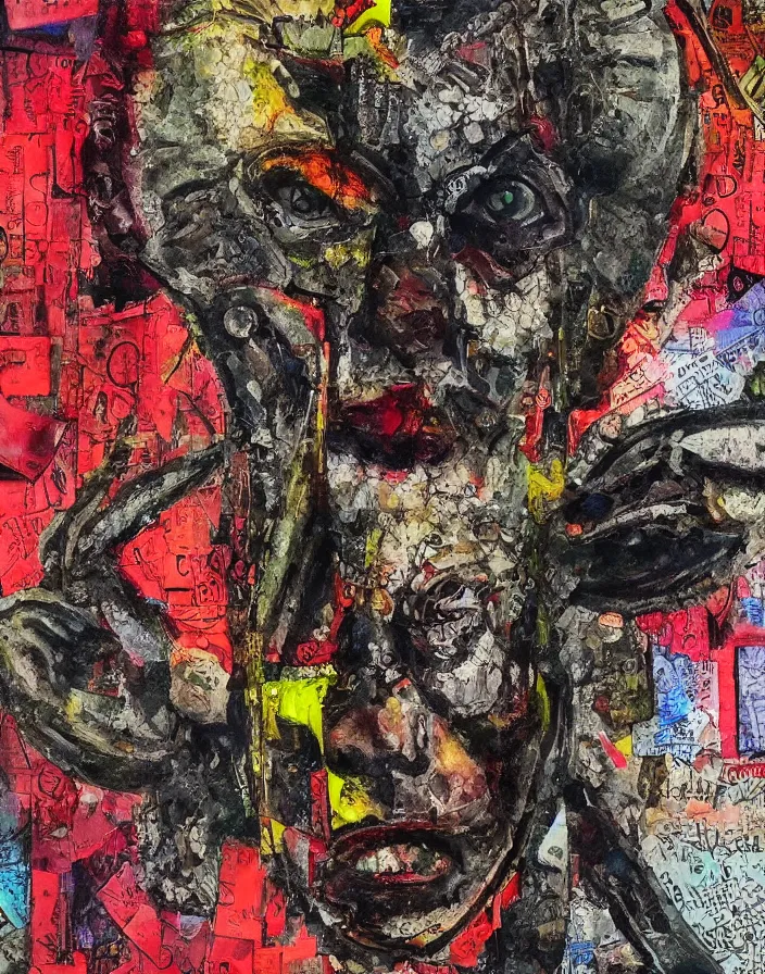 Prompt: devil looking at me embraced detailed chaotic analogue dada collage with deep texture in style of conteporary art, photorealistic, expressionism, masterpiece, balanced composition, wide range of colors, spectacular quality, intricate oil details