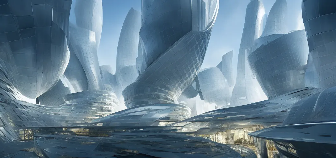 Image similar to dramatic view of a futuristic utopian city designed by frank gehry and zaha hadid, cinematic lighting, ultra detailed, sharp, ambient occlusion, raytracing, by greg rutowski, paul chadeisson and jessica rossier
