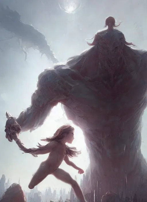 Image similar to a beautiful terrifying pale humanoid giant looms over a tiny human. ethereal fantasy art by greg rutkowski