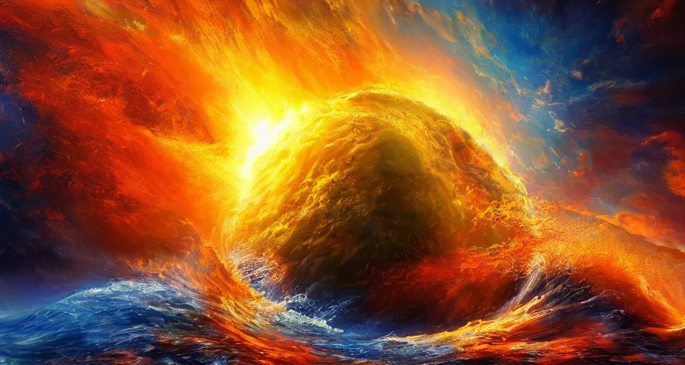 Prompt: award winning realistic painting, beautiful lighting, planet of water crashing into a planet of fire, bright explosion