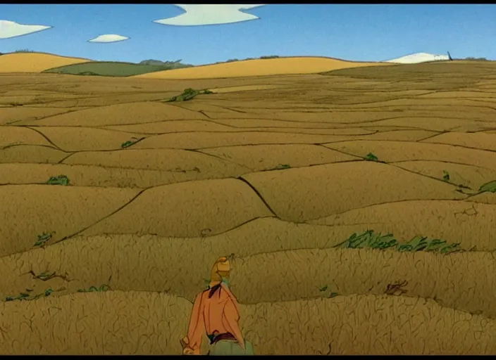 Prompt: endless bland pale bleached sloping wheat farmland by bill watterson from mulan ( 1 9 9 7 )