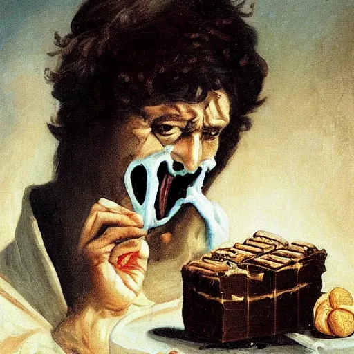 Image similar to saturn devouring a snickers chocolate bar, goya painting, in the style of goya and greg rutkowski, in the style of black paintings, 8 k, highly realistic