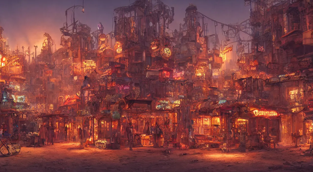 Image similar to a steampunk village in the desert, junk everywhere,neon lights, neon signs, magical atmosphere, mist, steam, photo realistic, 35mm, Matte painting, octane render, 8k, corona render, movie concept art by guido borelli da caluso