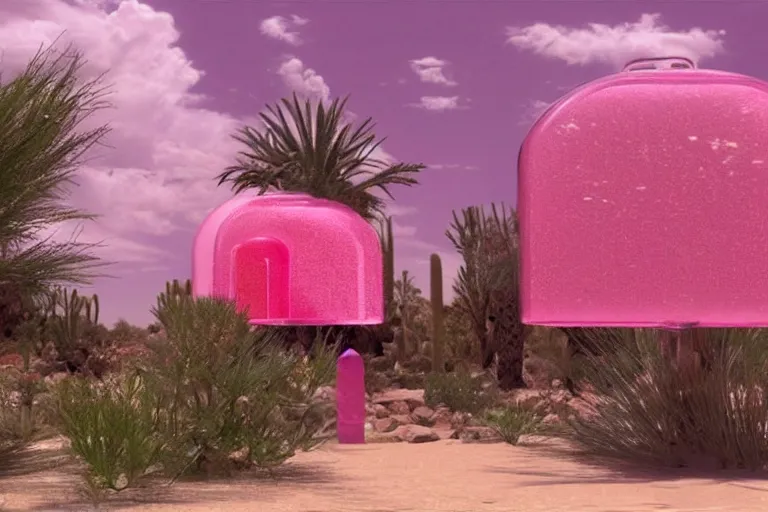 Image similar to desert oasis in a translucent pink casing electronic environment, ps 3 screenshot, still from a kiyoshi kurosawa movie, sanrio core