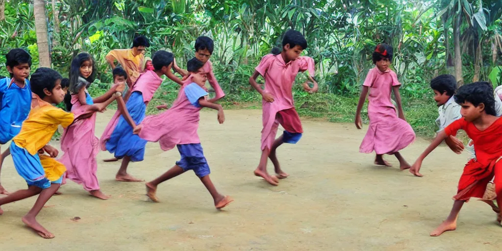 Prompt: sri lankan kids playing, drawn by hayao miyazaki