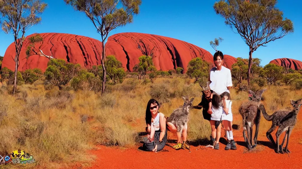 Prompt: australia, outback, uluru, kangaroos, anime style