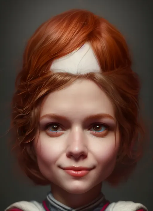 Prompt: portrait wendy's mascot wendy thomas, hyper detailed, digital art, trending in artstation, cinematic lighting, studio quality, smooth render, unreal engine 5 rendered, octane rendered, art style by klimt and nixeu and ian sprigger and wlop and krenz cushart.