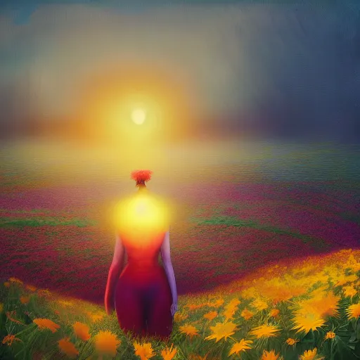 Prompt: giant daisy flower head, frontal, girl in a yellow suit, surreal photography, sunrise, dramatic light, impressionist painting, digital painting, artstation, simon stalenhag