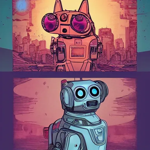 Image similar to half robot half corgi with one laser eye that looks like it's from Borderlands and by Feng Zhu and Loish and Laurie Greasley, Victo Ngai, Andreas Rocha, John Harris