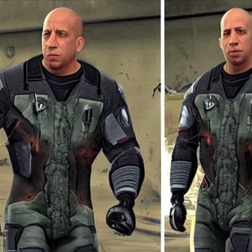 Image similar to Vin Diesel donning an HEV Mk. V suit starring in Half-Life 2