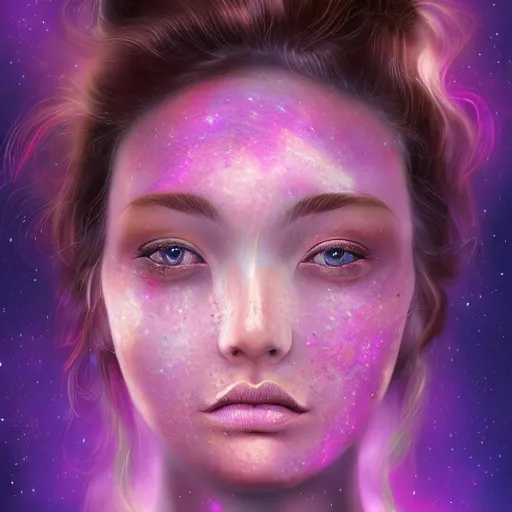 Prompt: beautiful digital painting of woman with freckles and hair made of galaxy nebula, by bearbrickjia, symmetry, realistic facial feature, artstation, artgerm