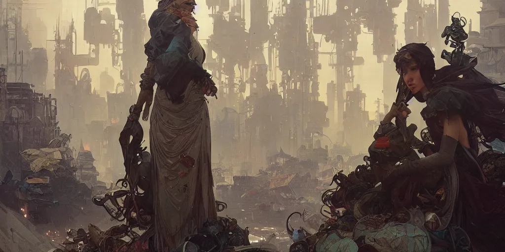 Prompt: garbage dump, city is pure wasteland, raining, detailed characters, alphonse mucha, greg rutkowski, trending on artstation, artgerm, breathtaking, sharp focus, smooth, mark arian, award winning, highly detailed 4 k art