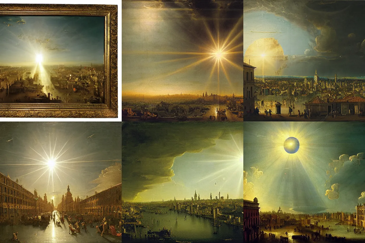 Prompt: Planetary city by Bernardo Bellotto, golden hour, award winning painting, celestial heavenly sunbeams on the curved horizon