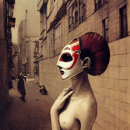 Image similar to portrait of masked dancer on the art deco streets of the industrial city city of ya-Don during the Festival of Masks, award-winning realistic sci-fi concept art by Beksinski, Bruegel, Greg Rutkowski, Alphonse Mucha, and Yoshitaka Amano