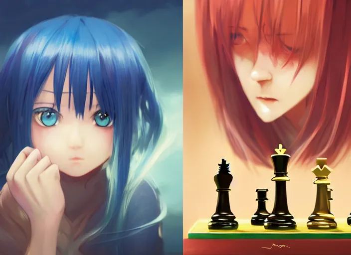 Image similar to rimuru playing chess, with amber eyes of gold color, straight hair, sky blue hair, long bangs, high collar, concept art, award winning photography, digital painting, cinematic, by wlop, anime key visual, wlop, 8 k, by ross tran, tom bagshaw, andy warhol