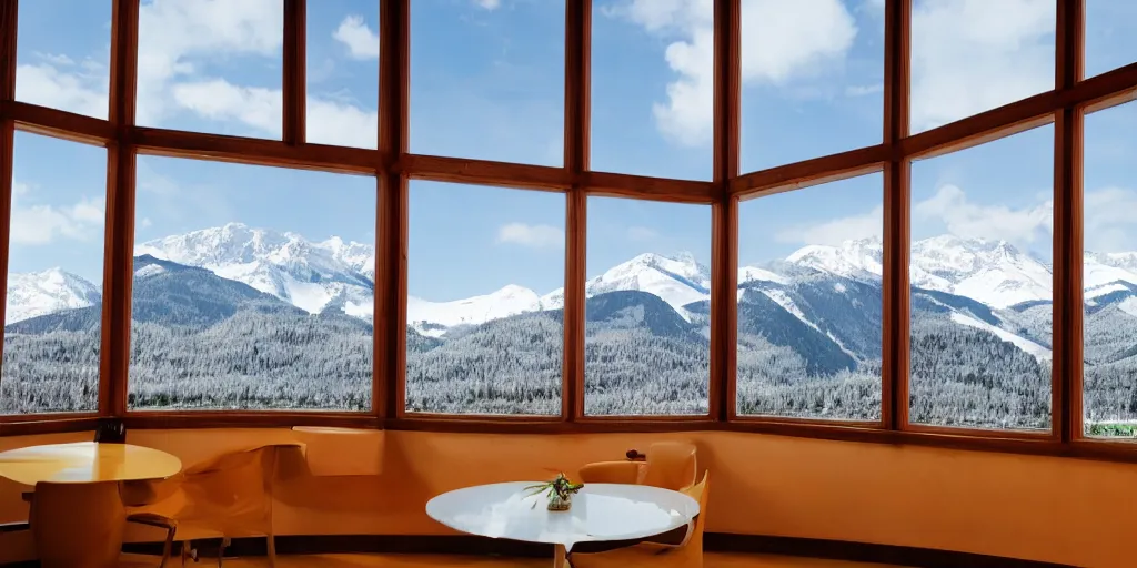 Prompt: there is a huge floor - to - ceiling window in the hotel with snow - capped mountain ranges outside