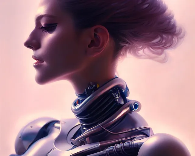 Image similar to a ultradetailed beautiful portrait painting of a stylish female cyborg, chrome plated, oil painting, by hajime sorayama, greg rutkowski and makoto shinkai, trending on artstation