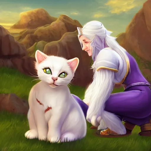 Prompt: jaina proudmoore pets a white kitty, world of warcraft, digital art, cute, happy, detailed