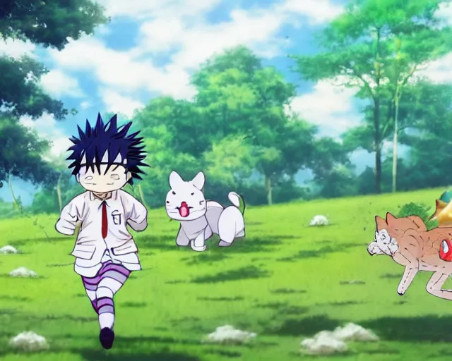 Image similar to Deidoro sakaki from mha wearing preppy fashion style and a crown in a beautiful dewy meadow near a forest early in the morning, running away from a giant cute plushie cat, mid 20th century disney style